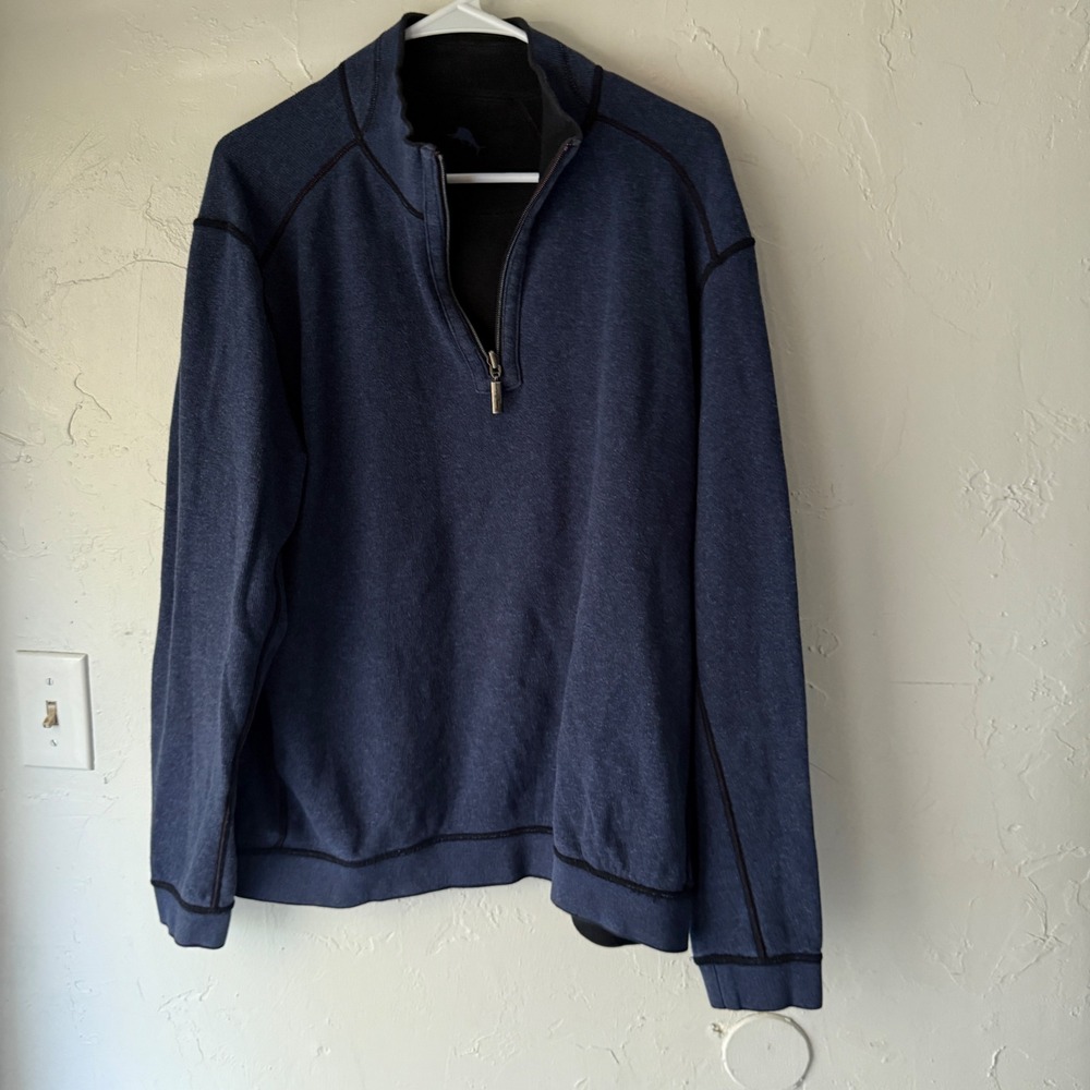 Tommy Bahama Mens L‎ Blue Black Reversiable 1/4 Zip Long Sleeve Pullover Sweater